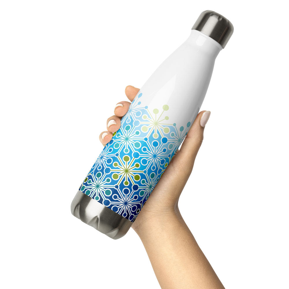 Mid Century Modern Icy Blue PsychoFlakes 17 oz Stainless Steel Water Bottle in hand