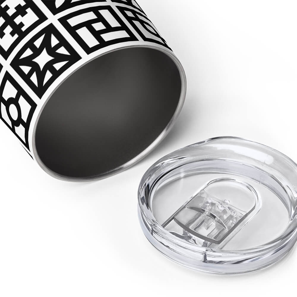 Mid Century Modern Black and White Breeze Blocks 12 oz Stainless Steel Designer Wine Tumbler open view on a table