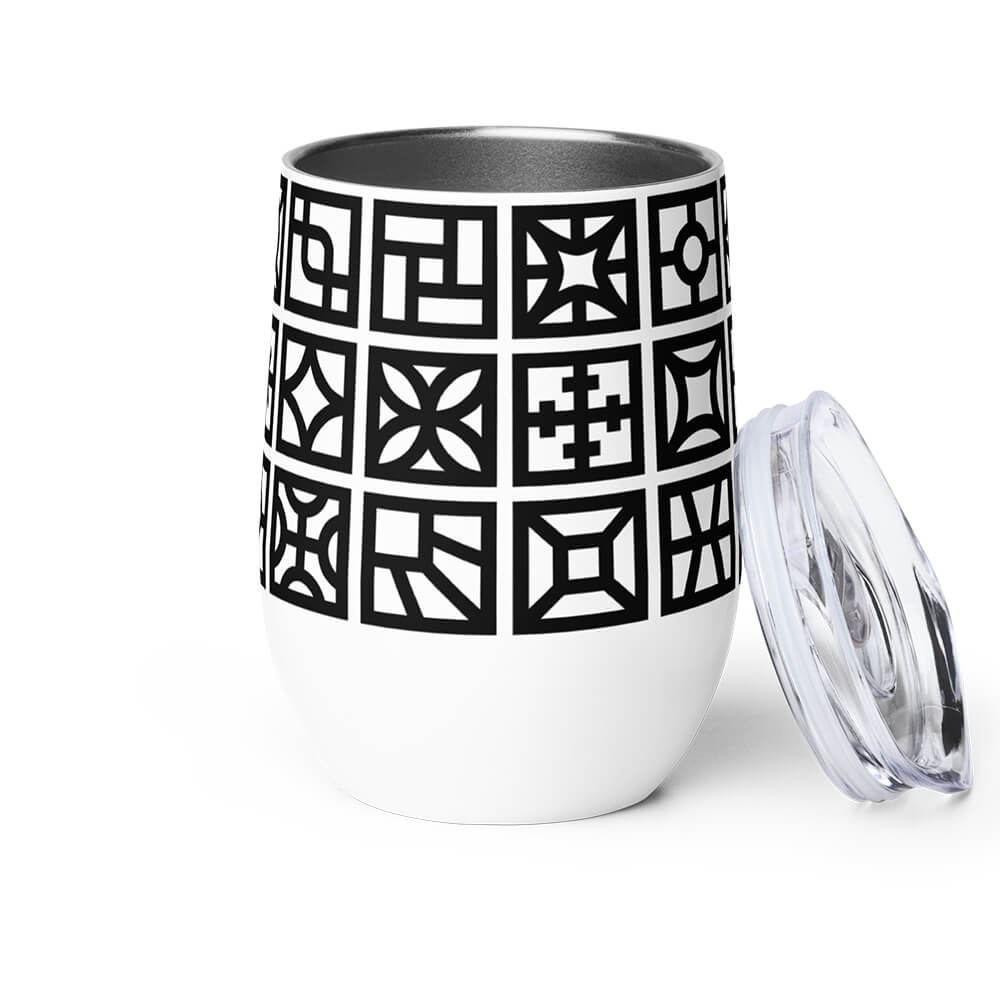 Mid Century Modern Black and White Breeze Blocks 12 oz Stainless Steel Designer Wine Tumbler open view