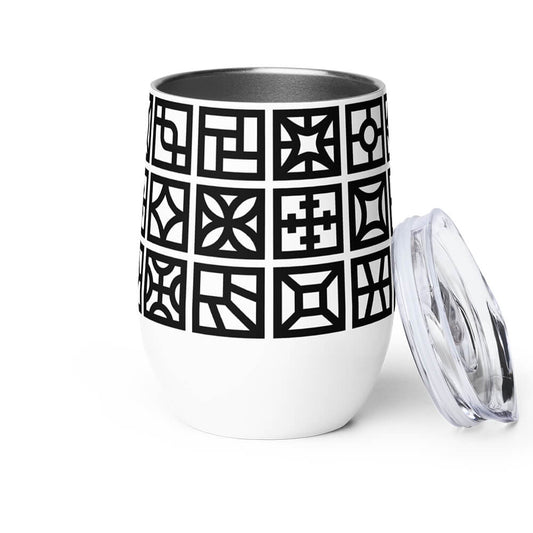 Mid Century Modern Black and White Breeze Blocks 12 oz Stainless Steel Designer Wine Tumbler open view