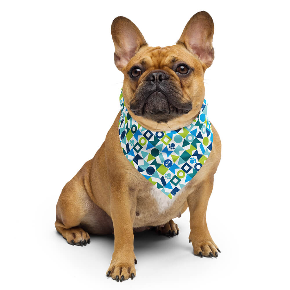 Mid Century Modern Blue Pawzl Pet Bandana on a toy bulldog