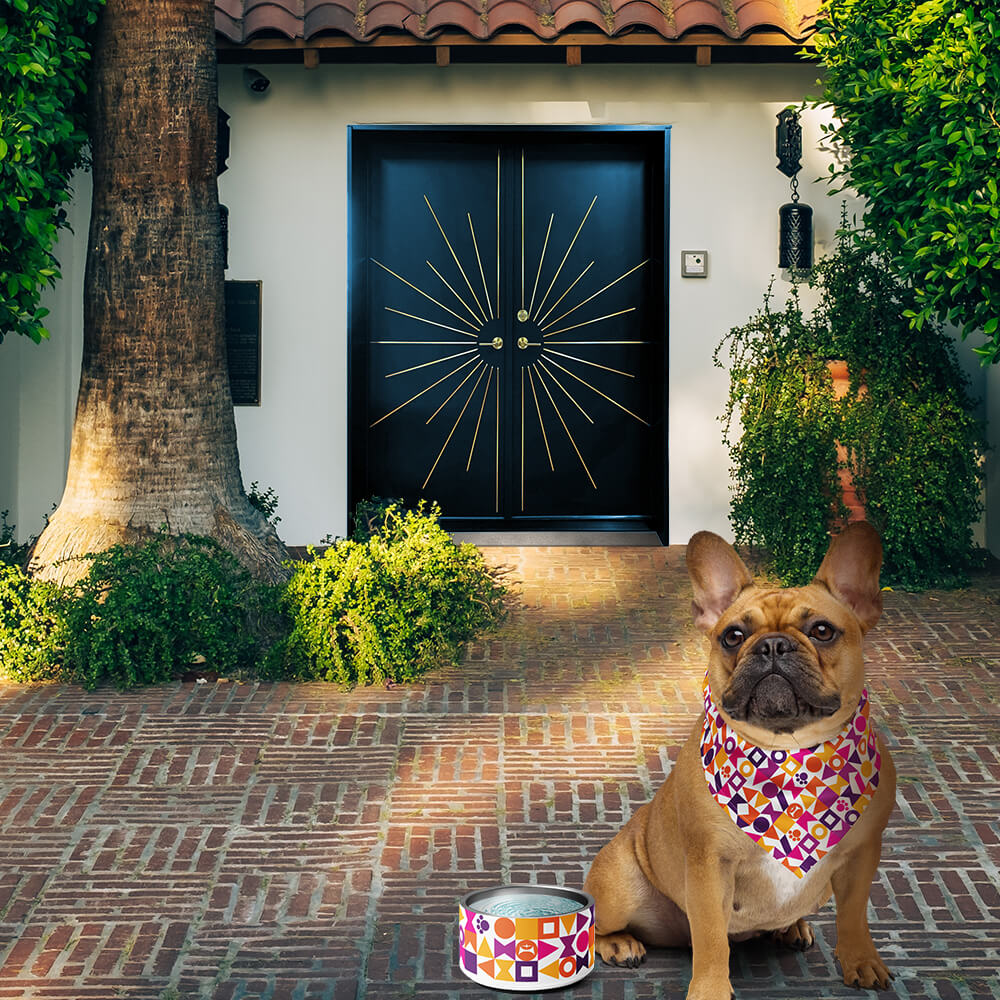 Mid Century Modern Orange Pawzl Pet Bandana on a toy bulldog in front of a house with a pet bowl