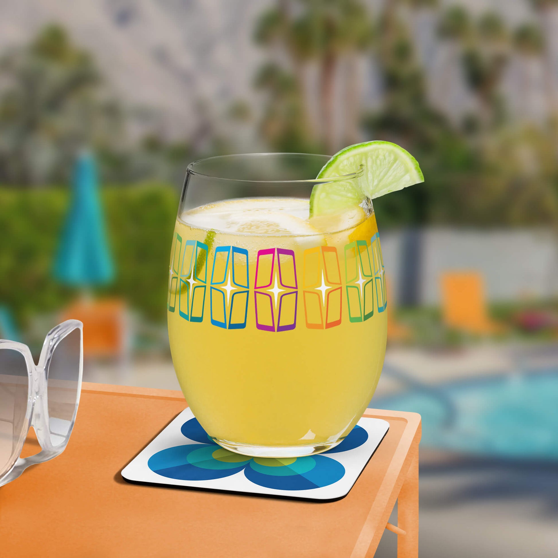 Mid Century Modern Blue LoverLeaf Square Coaster with cocktail at the pool