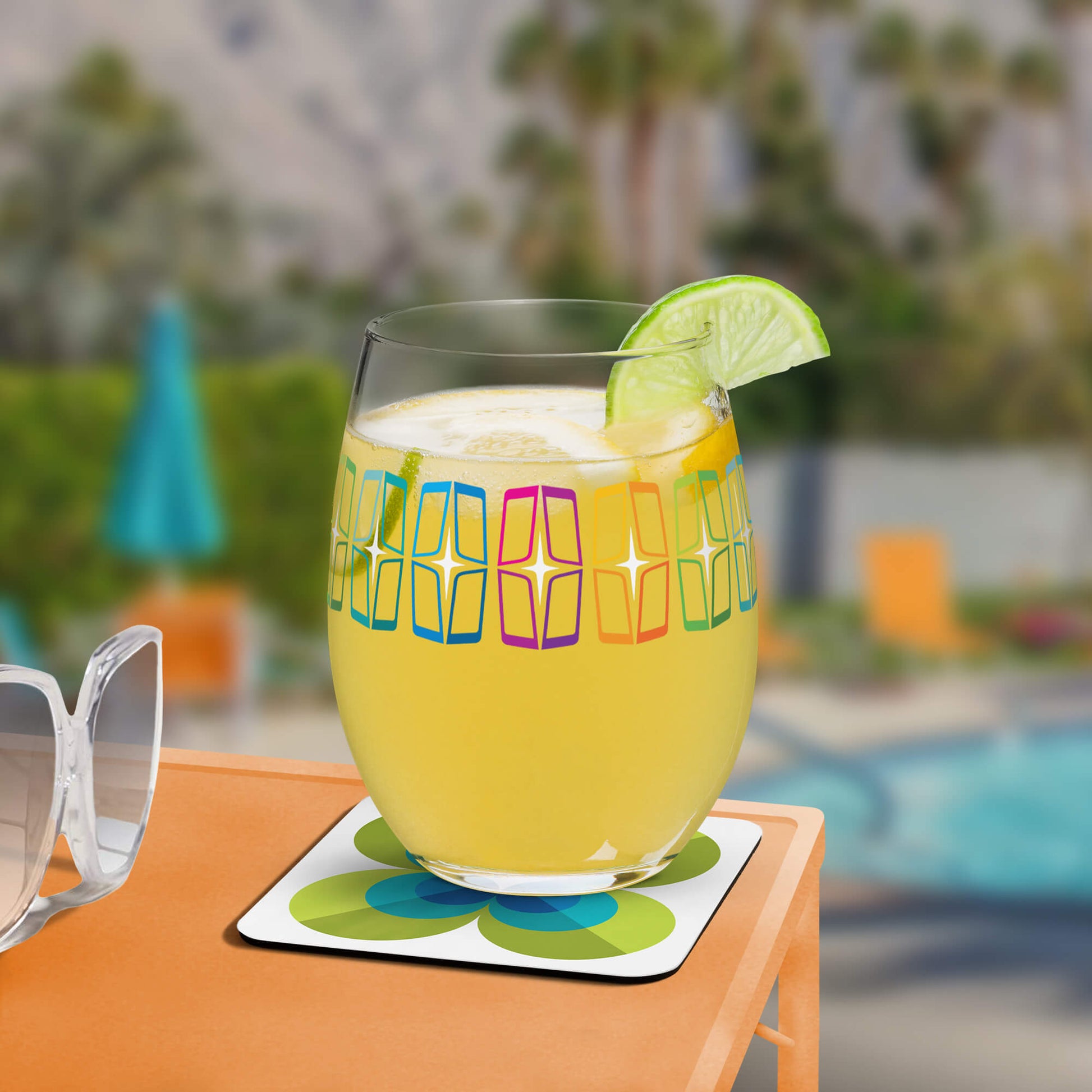 Mid Century Modern Green LoverLeaf Square Coaster with cocktail at the pool