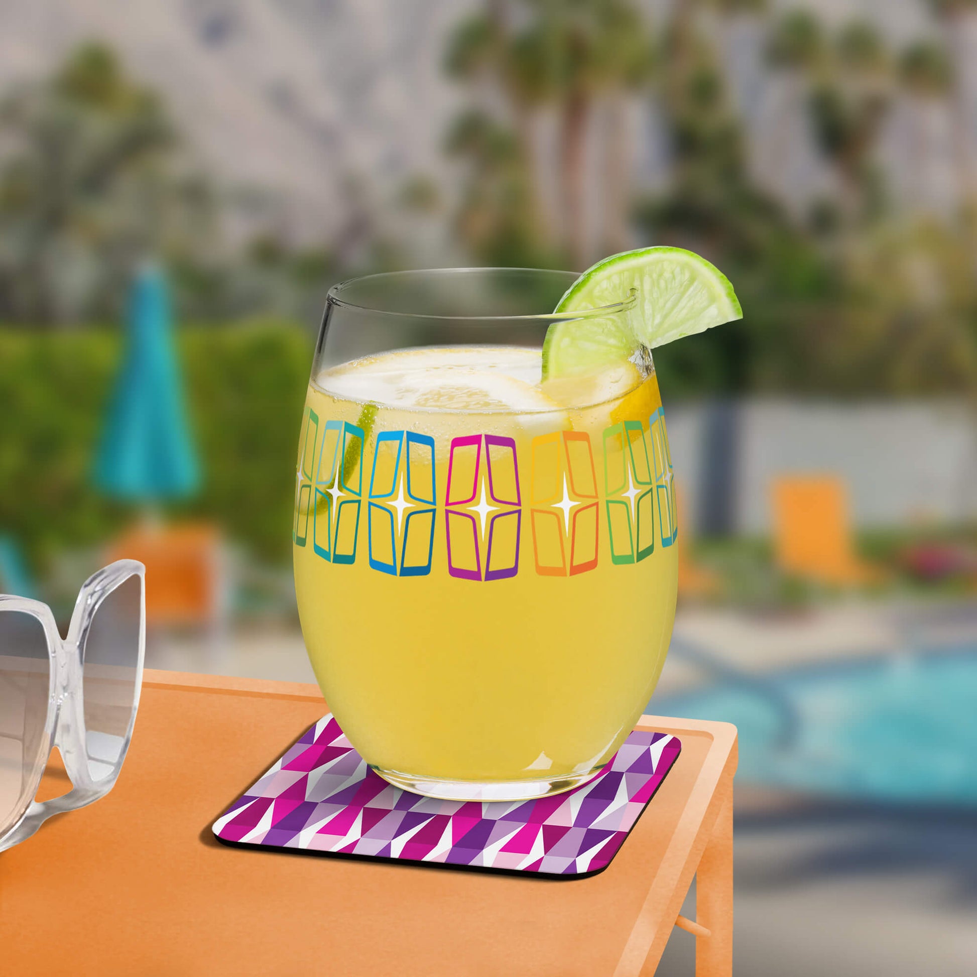 Mid Century Modern Purple LozAnges Square Single Coaster with cocktail at the pool