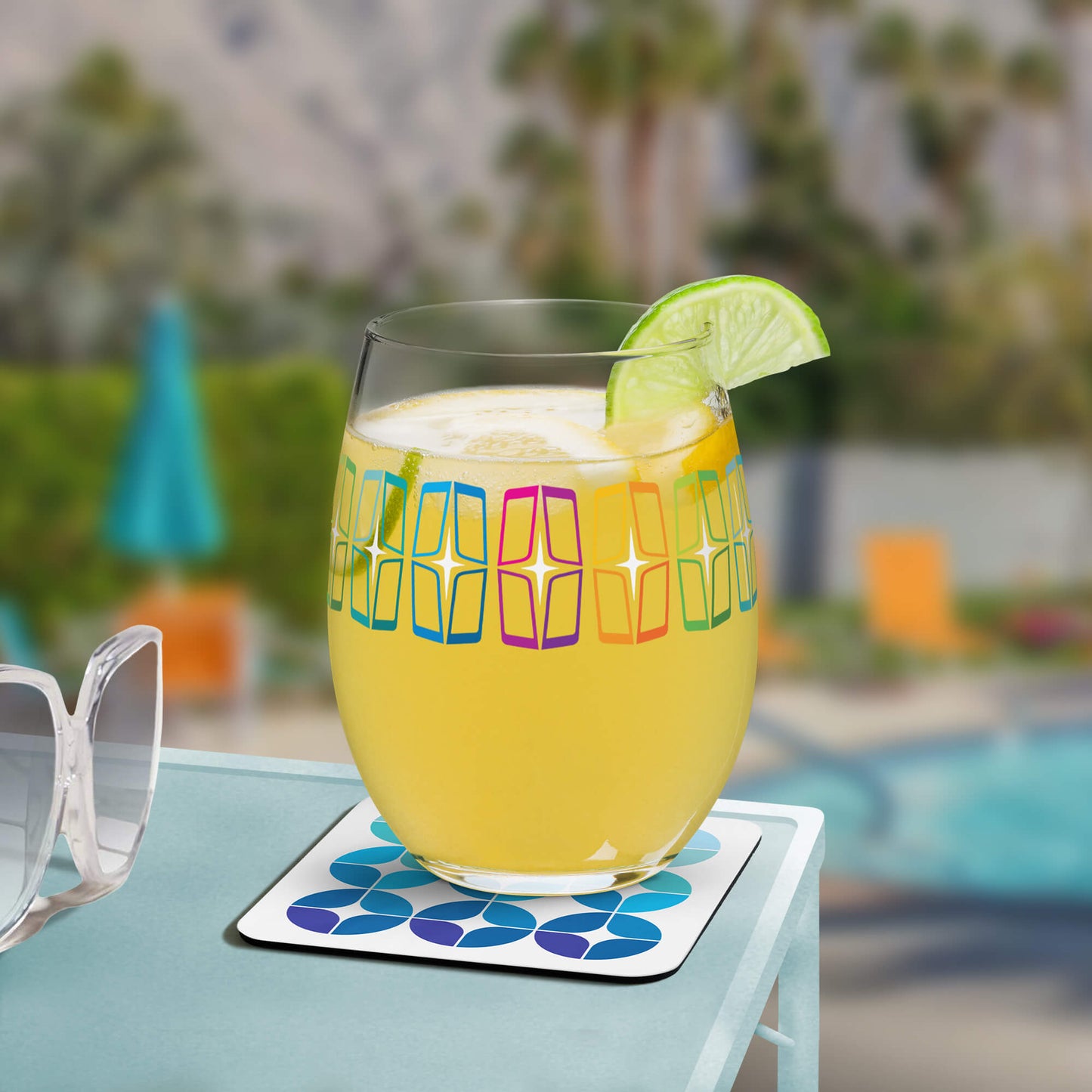 Mid Century Modern Blue StarChips Square Single Coaster with a cocktail at the pool