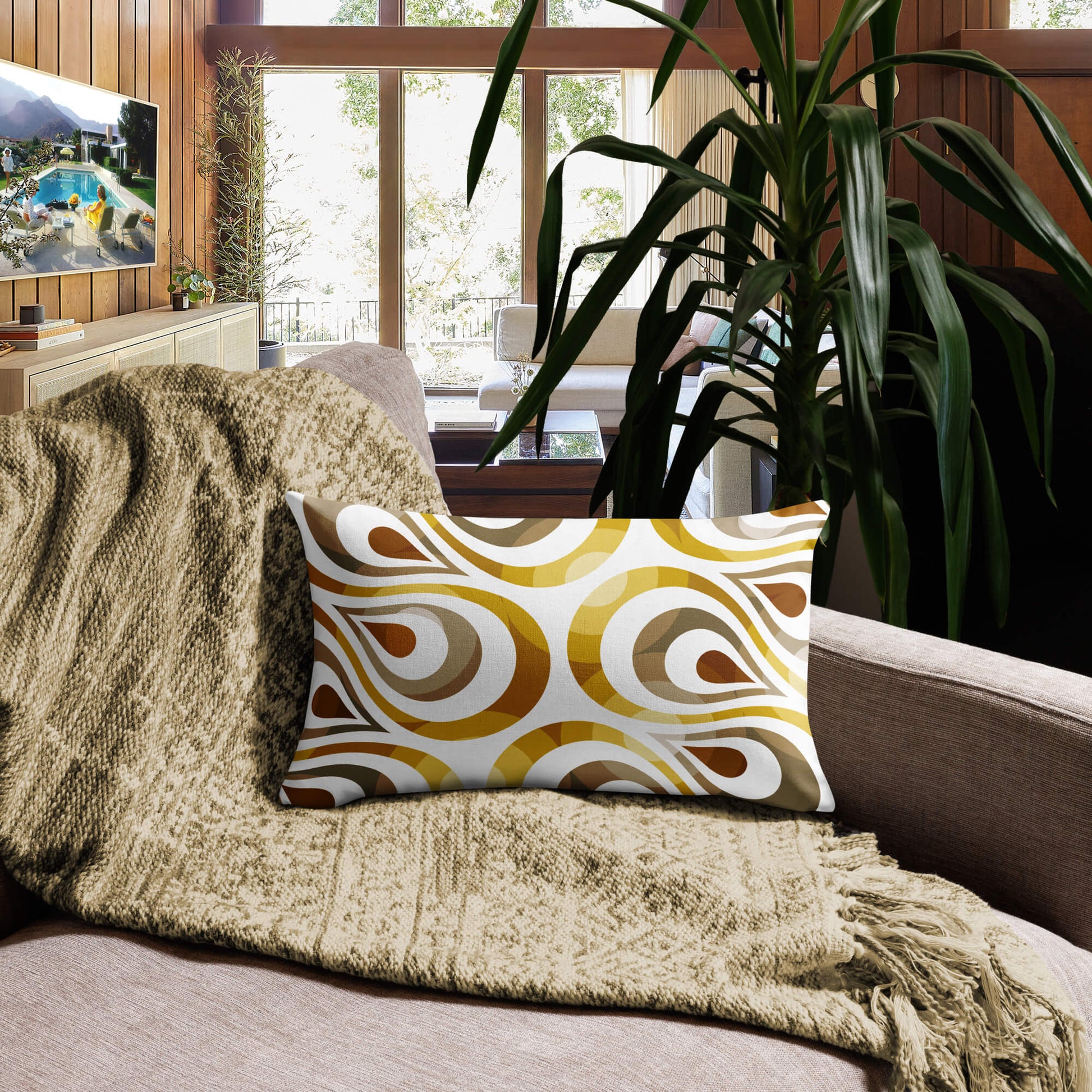Mid Century Modern Shag Gold TearDrops 20" x 12" Rectangular Throw Pillow in a living room