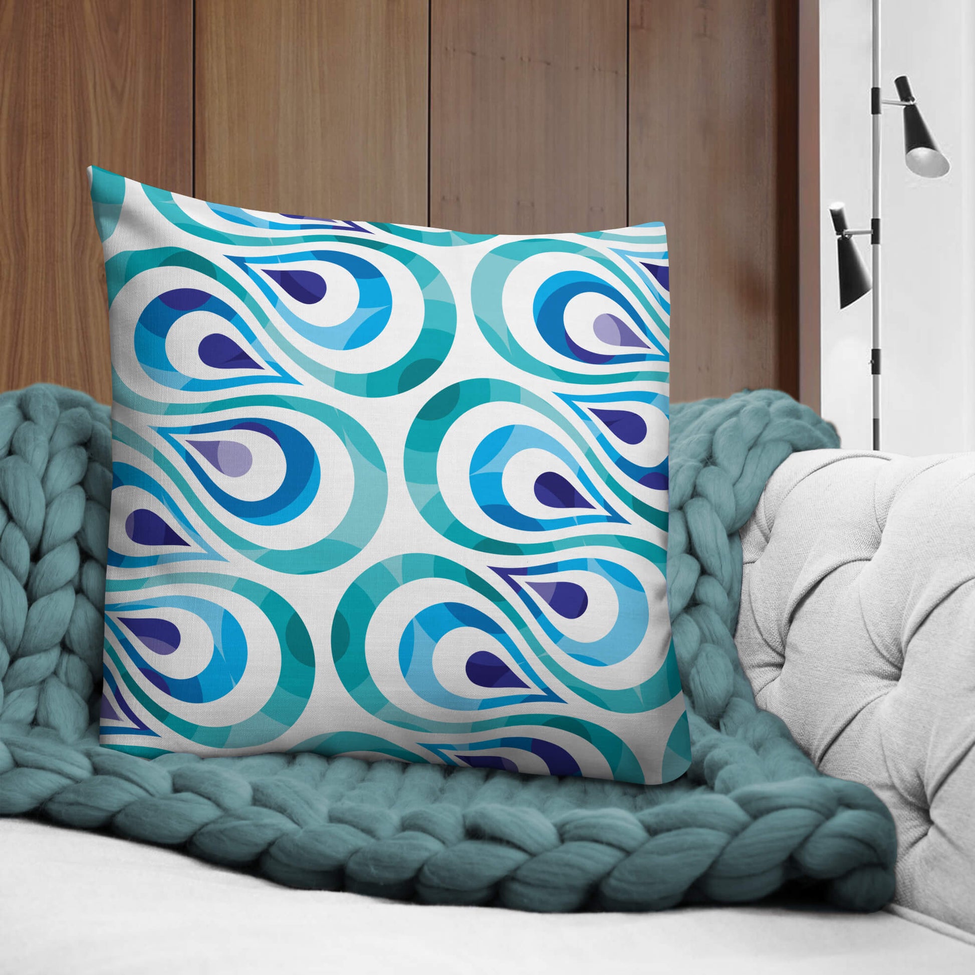 Mid Century Modern Aqua Blue TearDrops 22" Square Throw Pillow on a sofa
