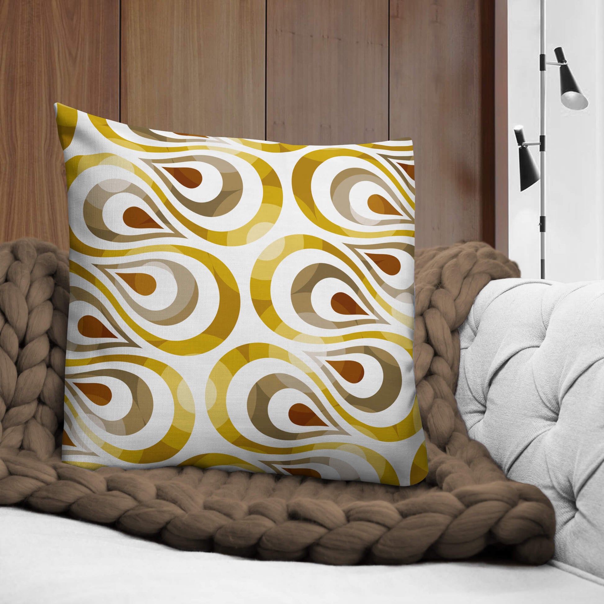 Mid Century Modern Shag Gold TearDrops 22" Square Throw Pillow on a sofa