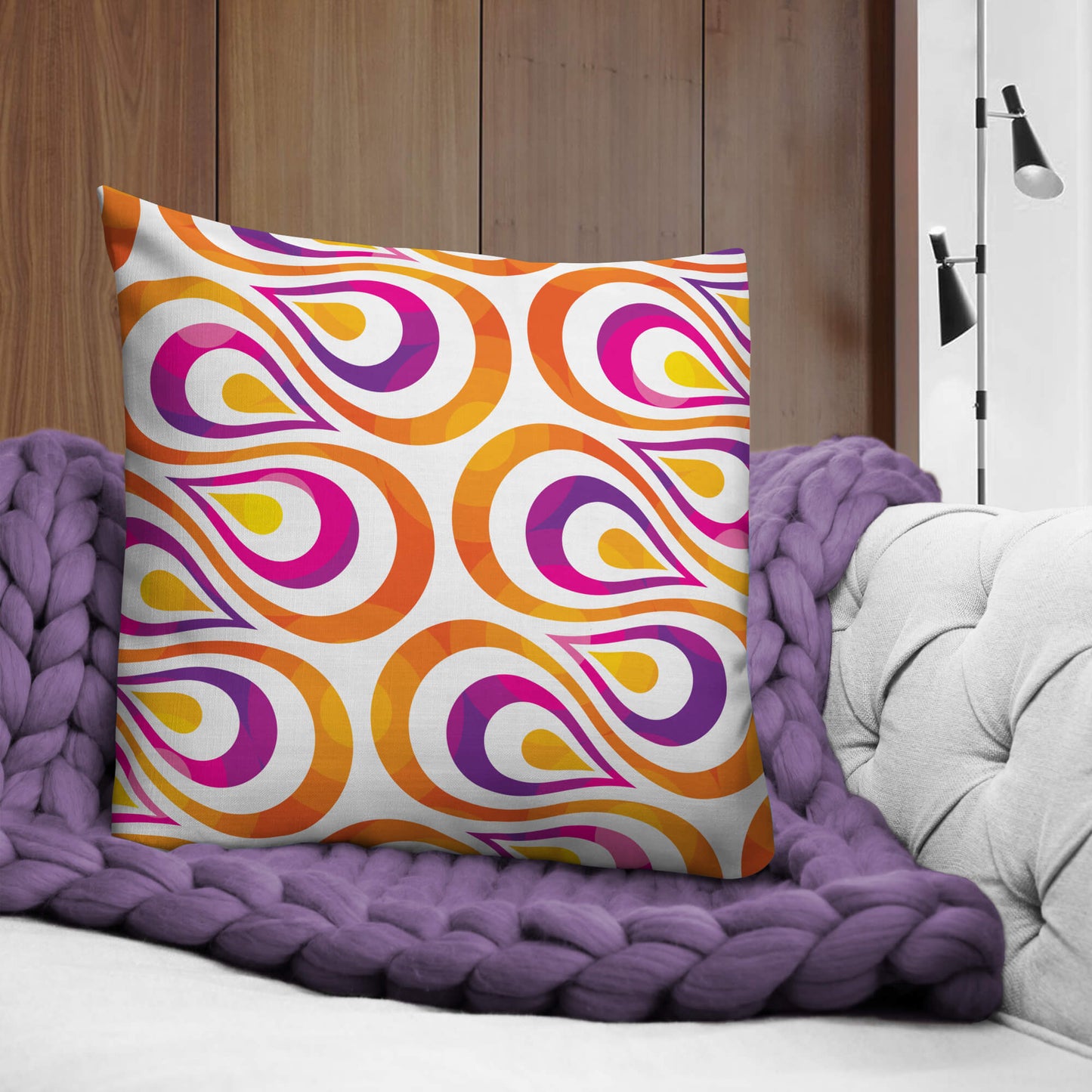 Mid Century Modern Orange Purple TearDrops 22" Square Throw Pillow on a sofa