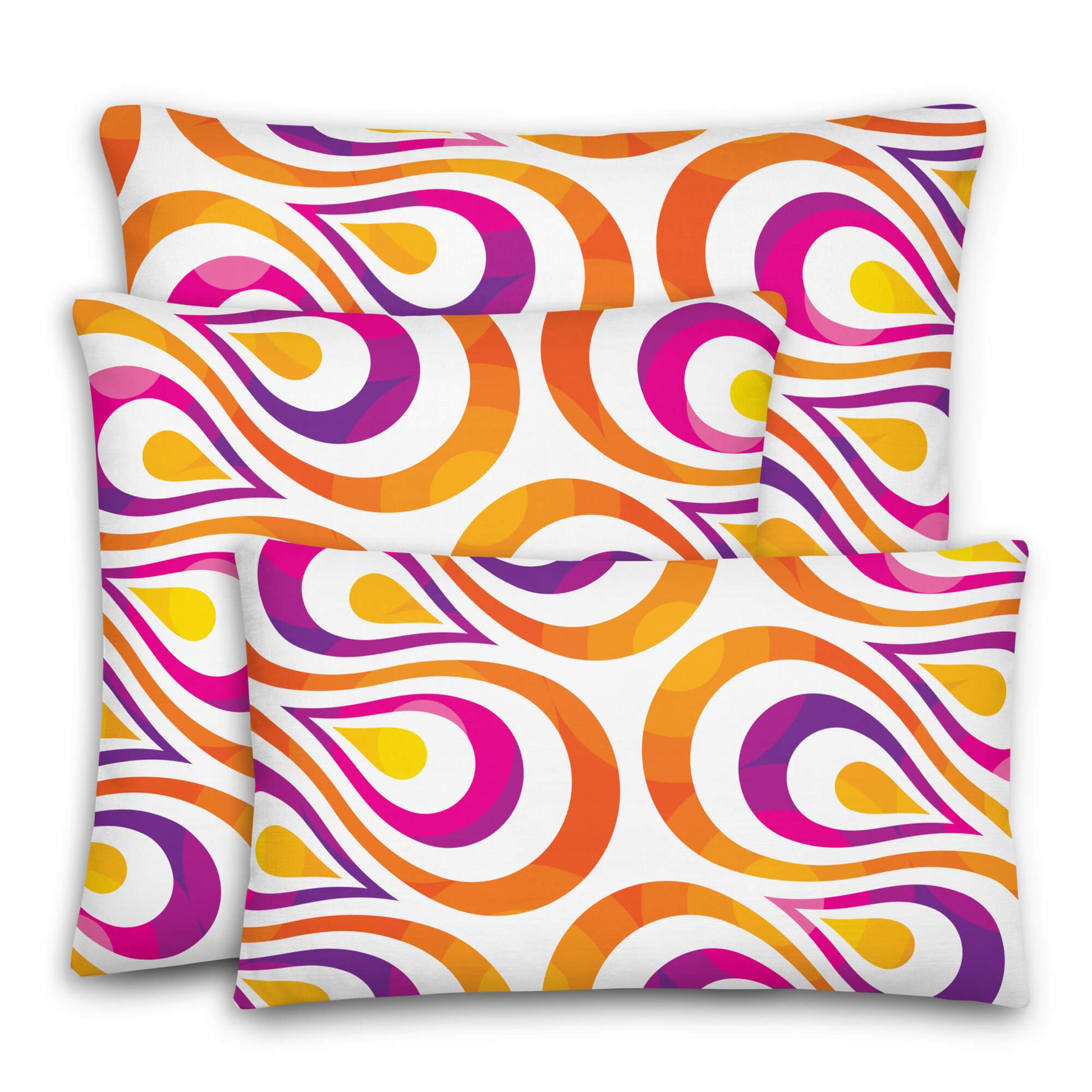 Mid Century Modern Orange Purple TearDrops Throw Pillows trio of sizes