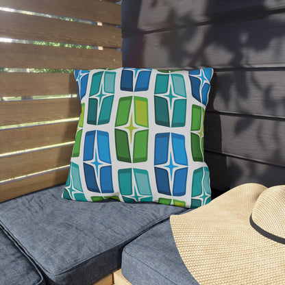Mid Century Modern Blue Aqua AstroShields 18" Square Outdoor Pillow on a bench