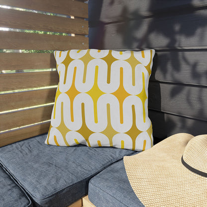 Mid Century Modern Yellow Galaxie 18" Outdoor Pillow on a corner bench