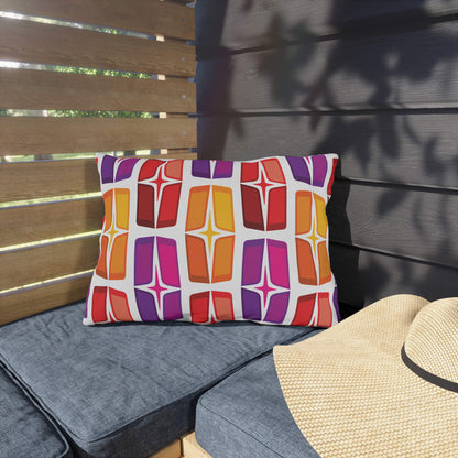 Mid Century Modern Orange Purple AstroShields 20" x 14" Rectangular Outdoor Pillow on a bench