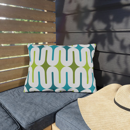 Mid Century Modern Aqua Green Galaxie 20" x 14" Outdoor Pillow on a bench