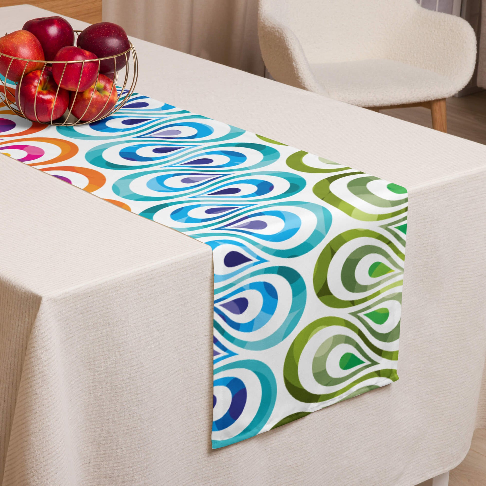 Mid Century Modern Multicolor TearDrops Table Runner on a table