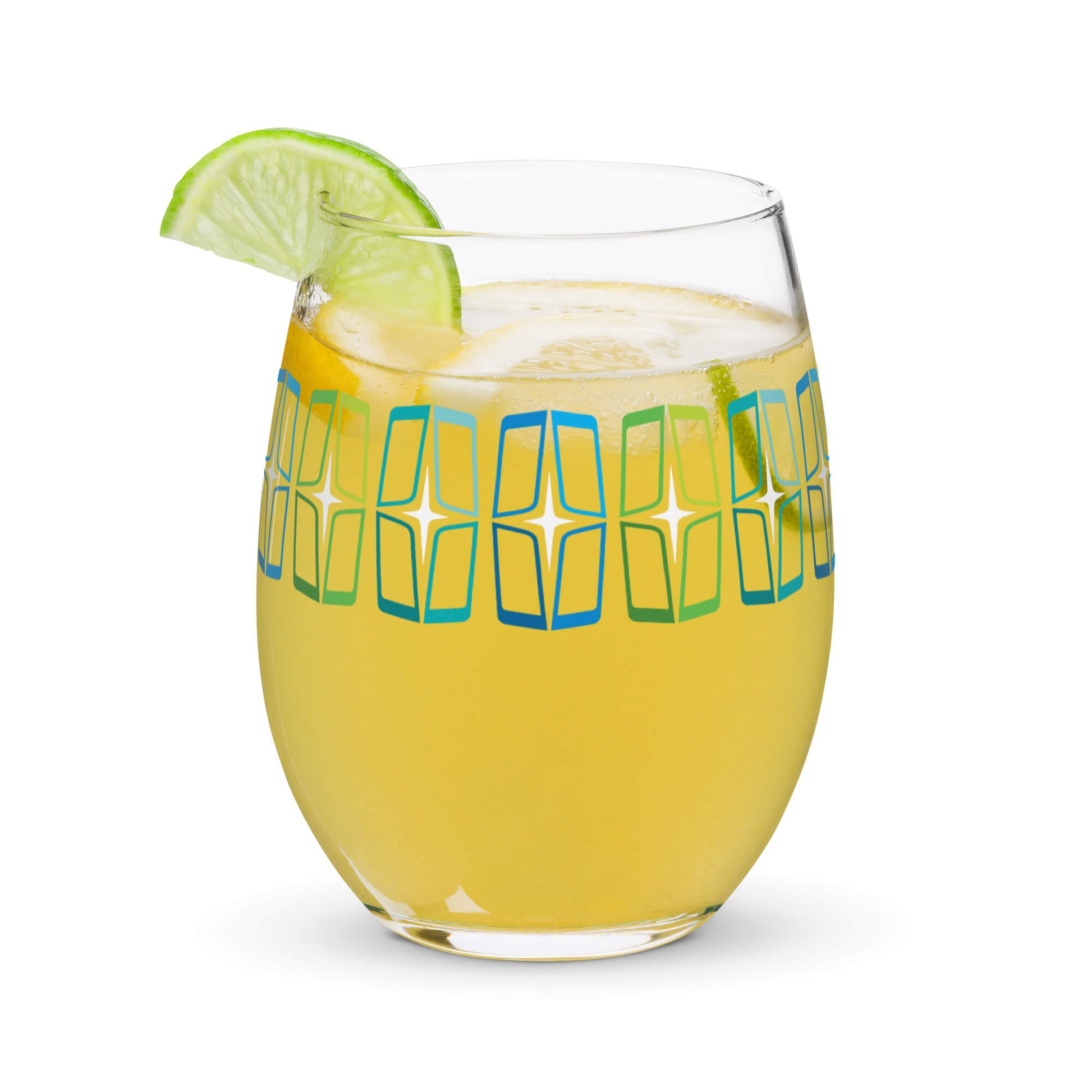 Mid Century Modern Blue AstroShields 15 oz Stemless Wine Glass with Juice cocktail