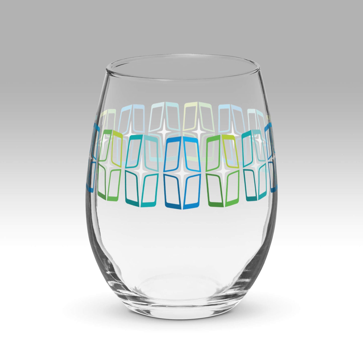 Mid Century Modern Blue AstroShields 15 oz Stemless Wine Glass Front view