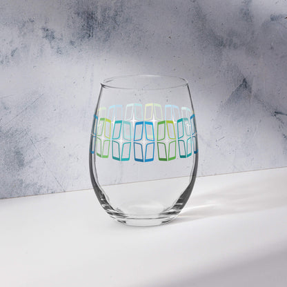 Mid Century Modern Blue AstroShields 15 oz Stemless Wine Glass on Marble background