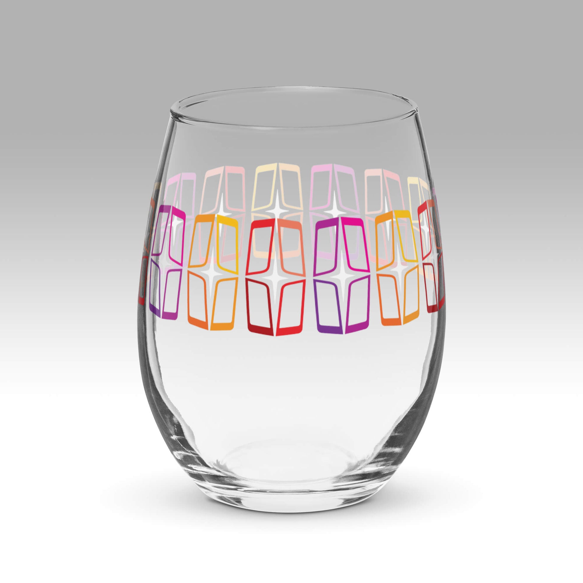 Copy of Mid Century Modern Orange AstroShields 15 oz Stemless Wine Glass Front view