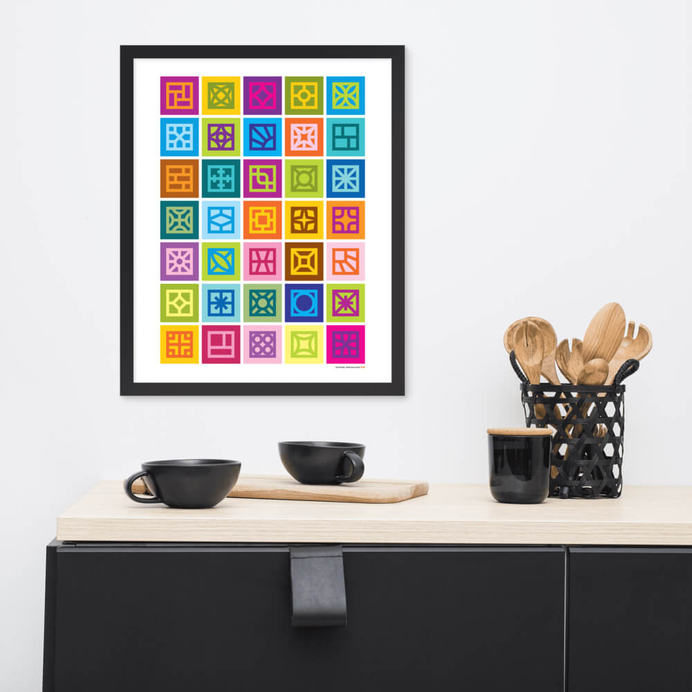 Mid Century Modern Multicolor Breeze Blocks Art Poster framed in a dining room