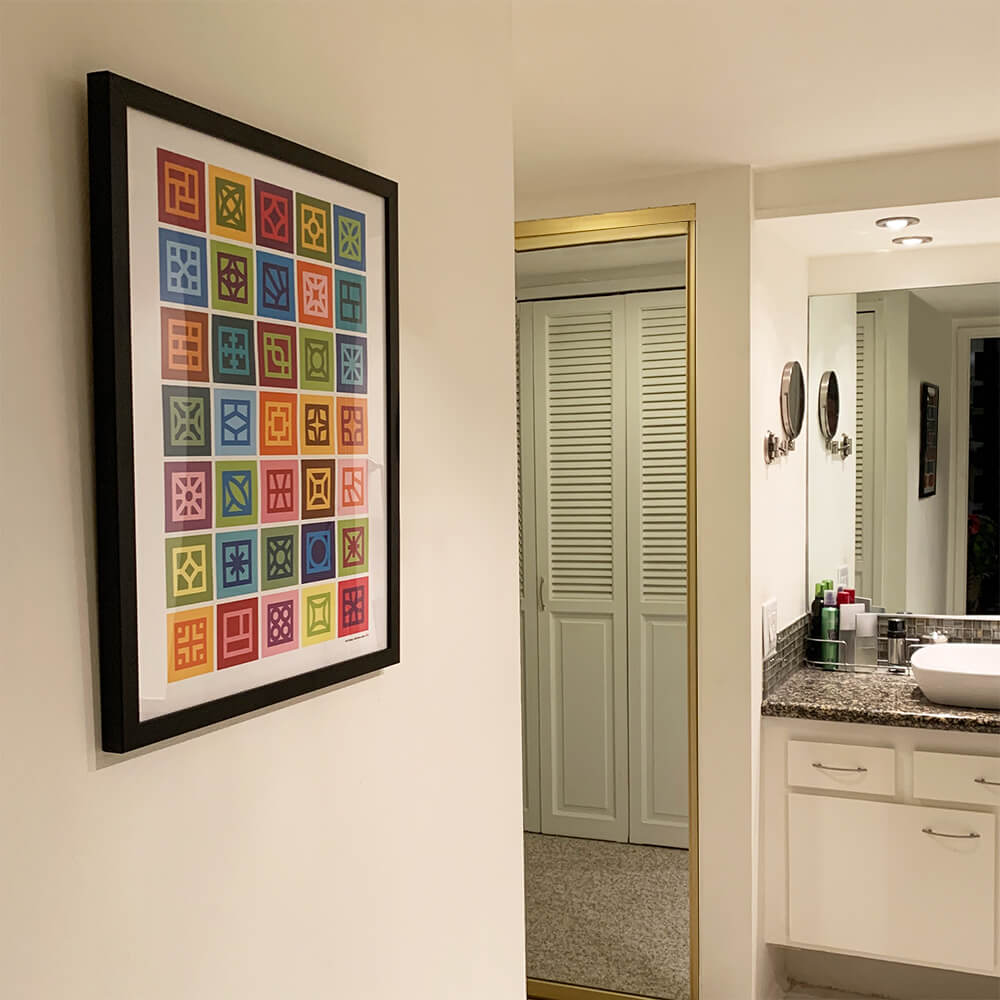 Mid Century Modern Multicolor Breeze Blocks Art Poster framed in a hallway