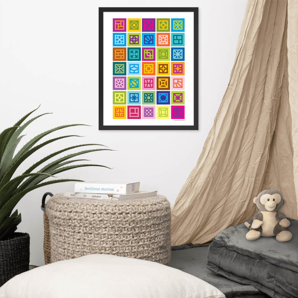 Mid Century Modern Multicolor Breeze Blocks Art Poster framed in a kids room