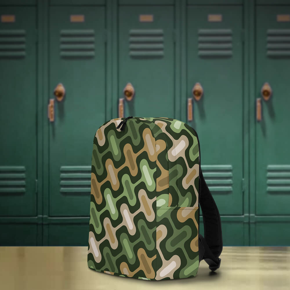 Mid Century Modern Camo ZipperDee Minimalist Backpack in a hall of school lockers