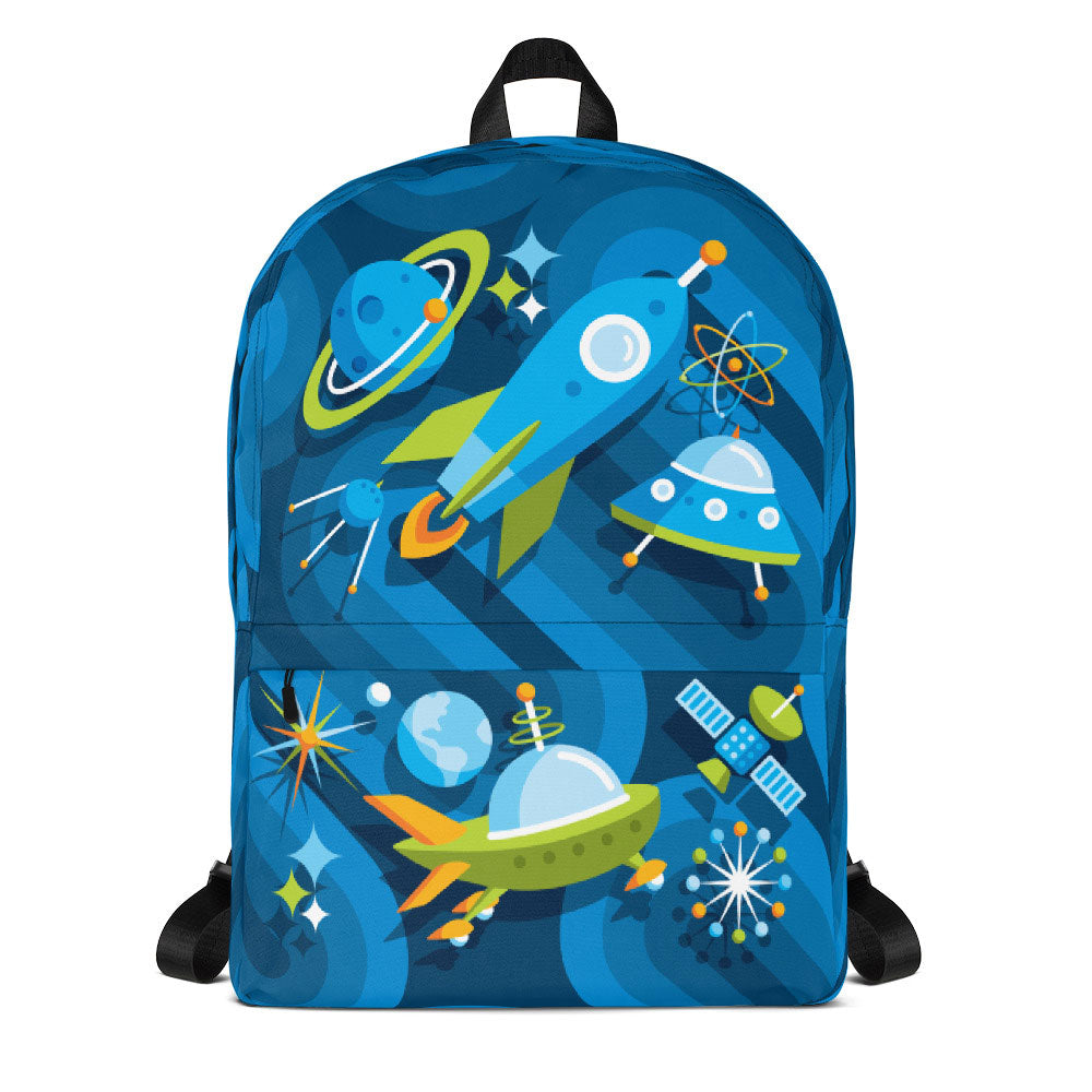 Mid Century Modern Blue SpaceCadet Kids Backpack front view