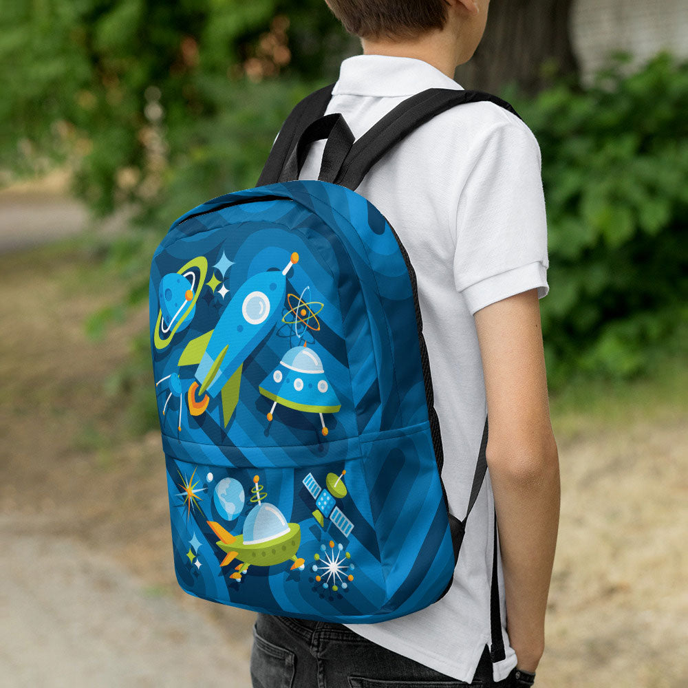 Mid Century Modern Blue SpaceCadet Kids Backpack with boy