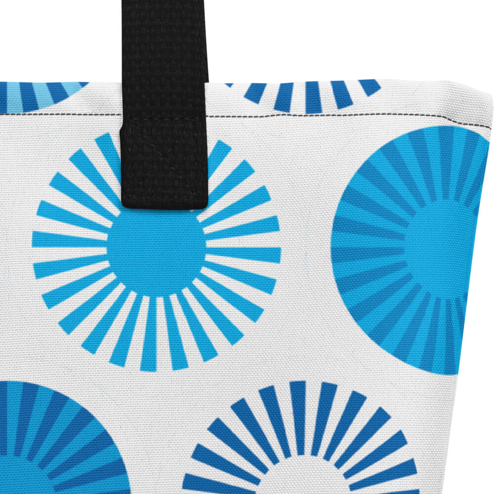 Mid Century Modern Blue FlowerPower Beach Bag fabric close-up