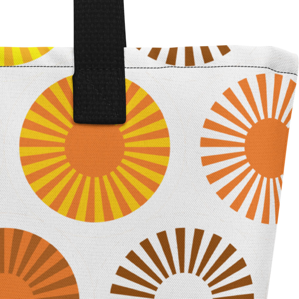 Mid Century Modern Orange FlowerPower Beach Bag fabric close-up