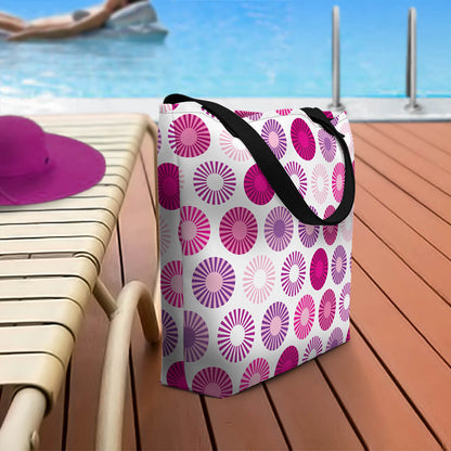 Mid Century Modern Pink FlowerPower Beach Bag on a pool deck