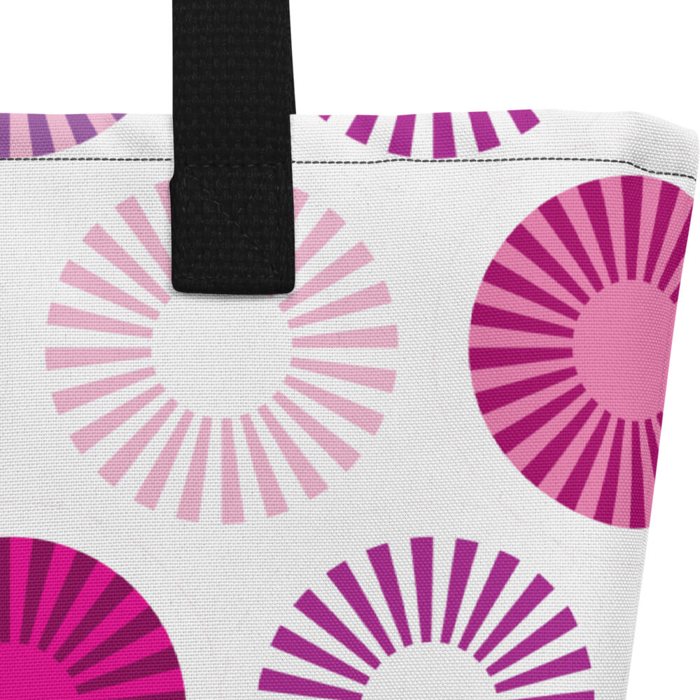 Mid Century Modern Pink FlowerPower Beach Bag fabric close-up