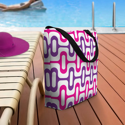 Mid Century Modern Purple ZipperDee Beach Bag on a pool deck