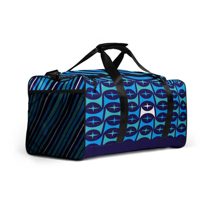 Mid Century Modern Blue Aqua Mid-Mod Star Duffle Bag side view with mesh pocket