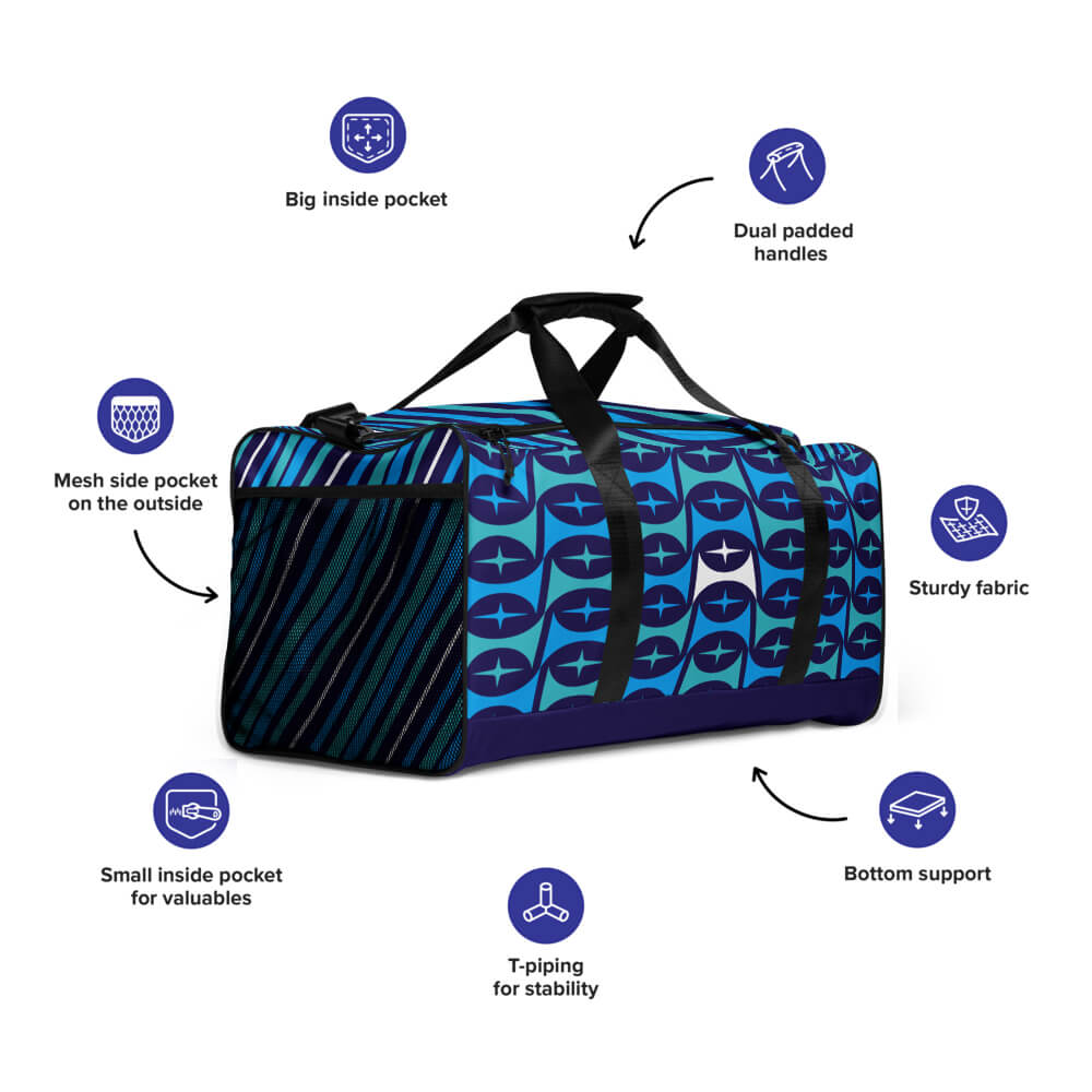 Mid Century Modern Blue Aqua Mid-Mod Star Duffle Bag features