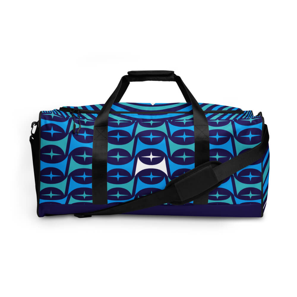 Mid Century Modern Blue Aqua Mid-Mod Star Duffle Bag front view