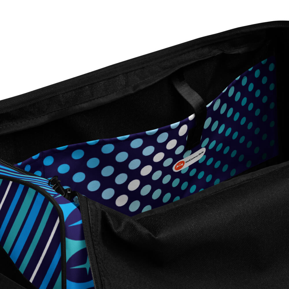 Mid Century Modern Blue Aqua Mid-Mod Star Duffle Bag views of the inside pocket
