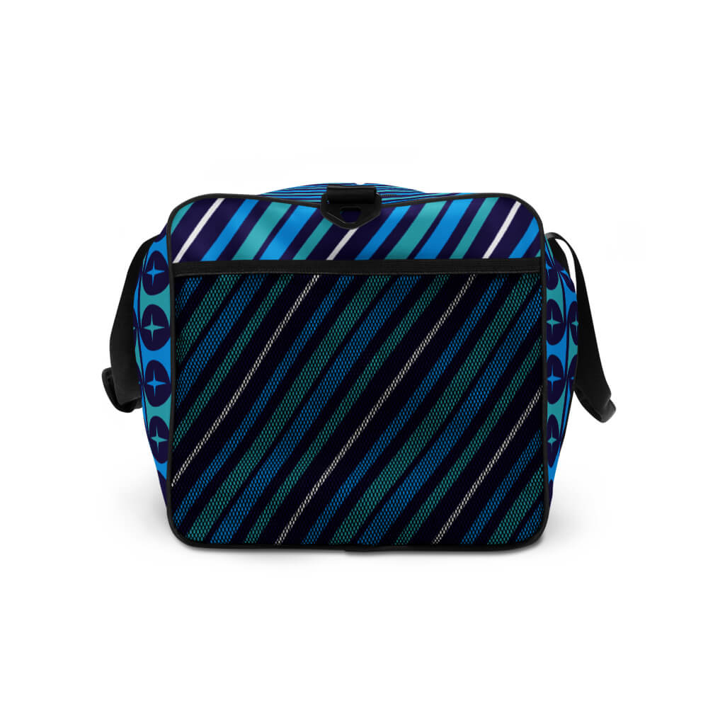 Mid Century Modern Blue Aqua Mid-Mod Star Duffle Bag view of the mesh pocket on the side