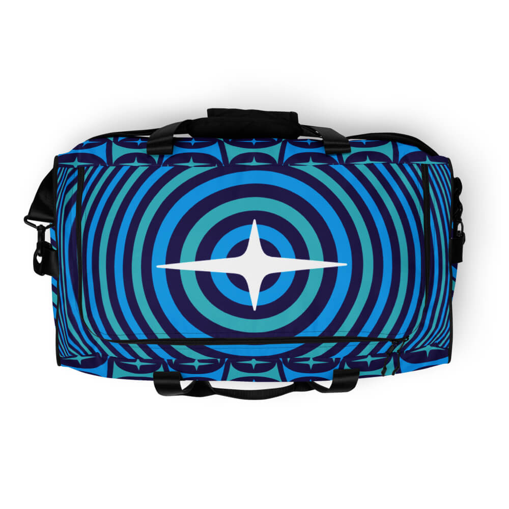 Mid Century Modern Blue Aqua Mid-Mod Star Duffle Bag top view