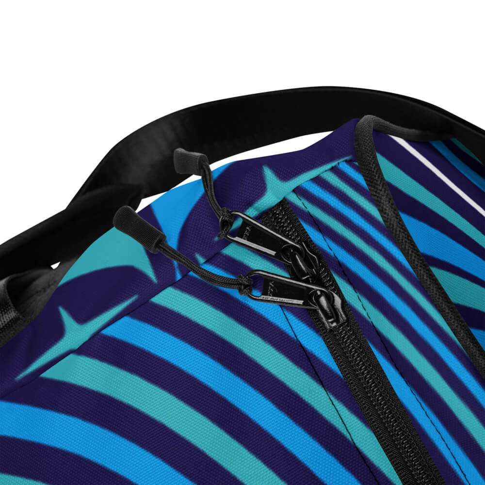 Mid Century Modern Blue Aqua Mid-Mod Star Duffle Bag closeup of zippers