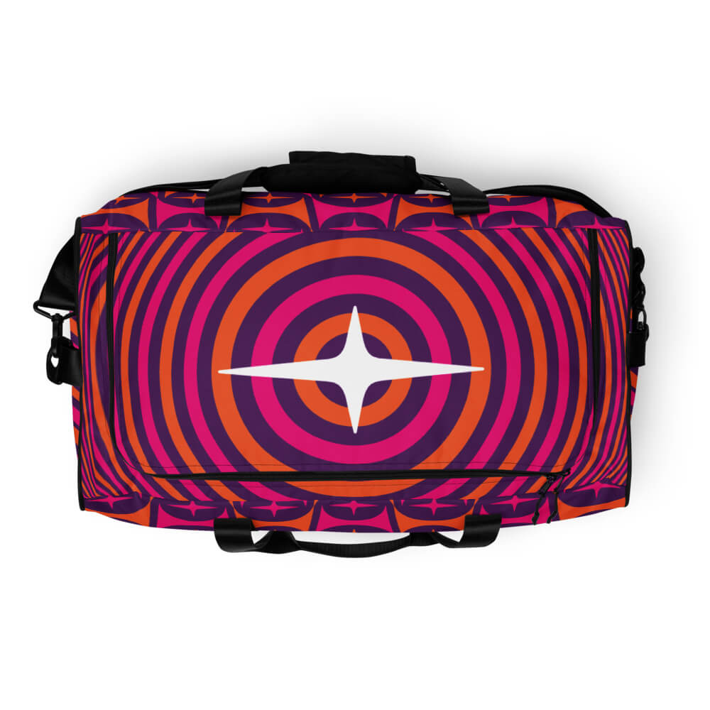 Mid Century Modern Orange Pink Mid-Mod Star Duffle Bag top view