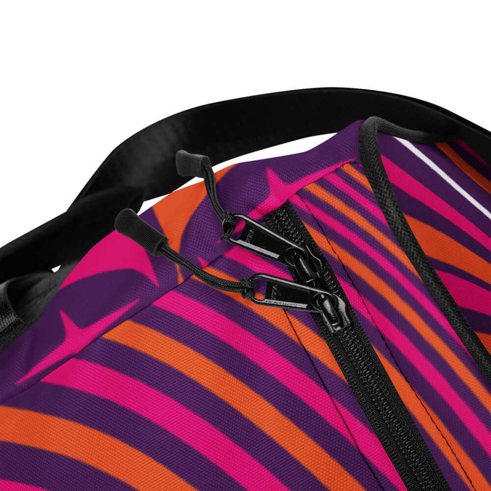 Mid Century Modern Orange Pink Mid-Mod Star Duffle Bag closeup of zippers