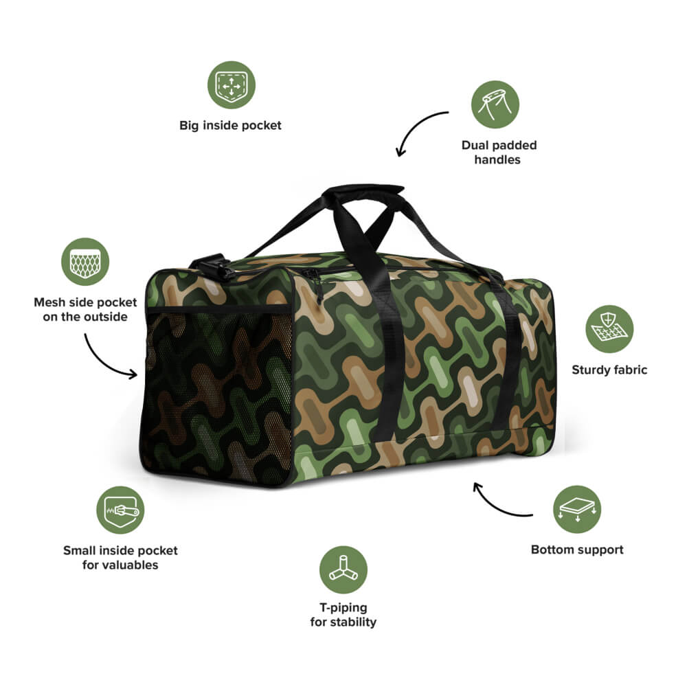 Mid Century Modern Camo ZipperDee Duffle Bag features details