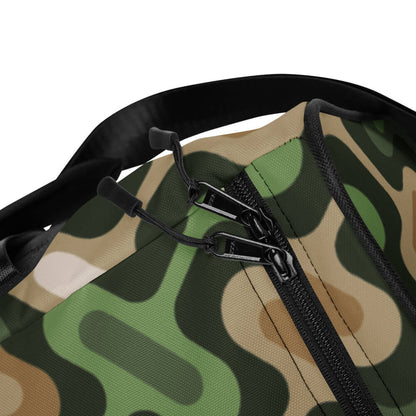 Mid Century Modern Camo ZipperDee Duffle Bag closeup on zippers