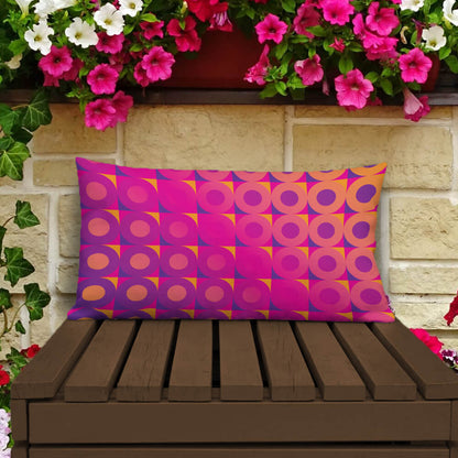 Mid Century Modern Orange Pink LifeSavers 20" x 12" Rectangular Throw Pillow on a patio bench