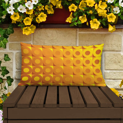 Mid Century Modern Orange Yellow LifeSavers 20" x 12" Rectangular Throw Pillow on a patio bench