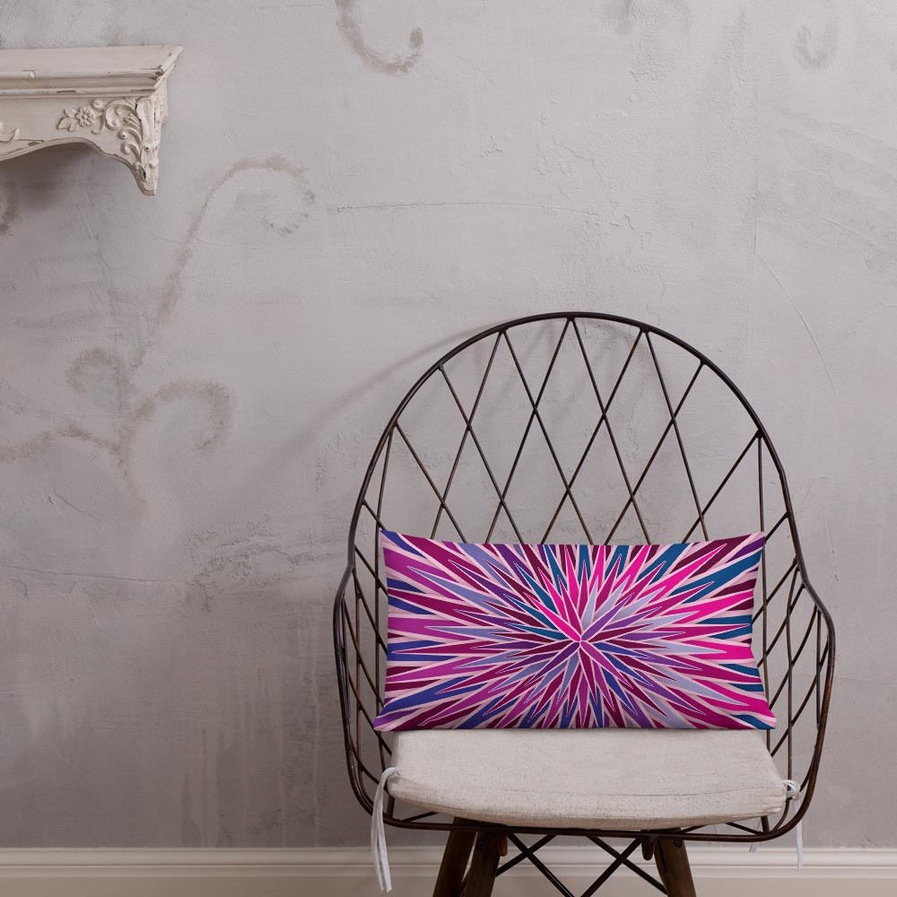 Mid Century Modern Purple Pink SpiroBurst 20" x 12" Rectangular Throw Pillow on a chair