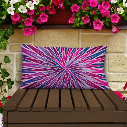 Mid Century Modern Purple Pink SpiroBurst 20" x 12" Rectangular Throw Pillow on a patio bench